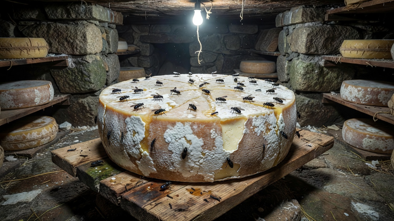 Artisanal cheese wheel being cured for live insect fermentation