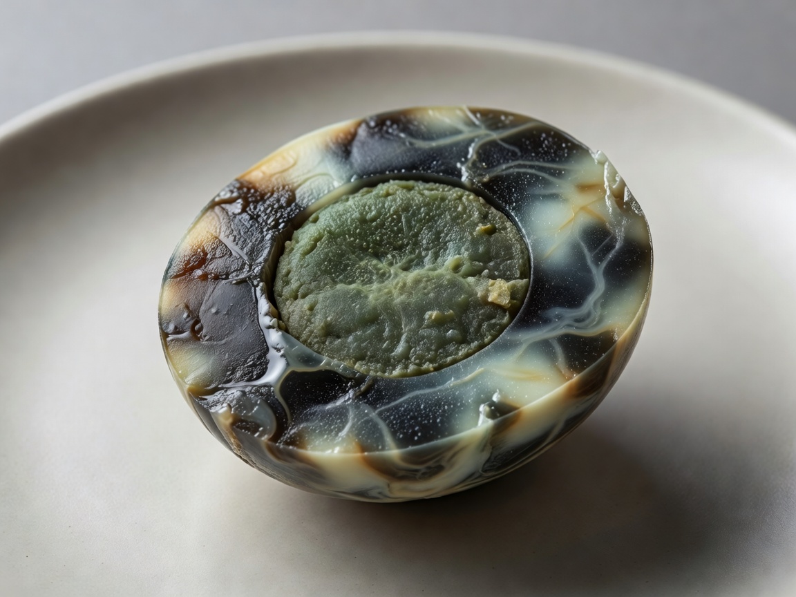 Century Preserved Egg showing dark gelatinous white and green yolk