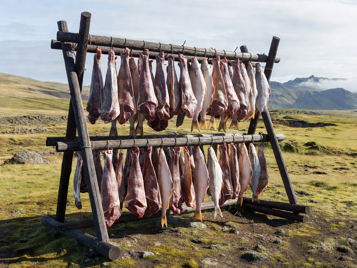 Cured and dried traditional meats in Icelandic drying rack