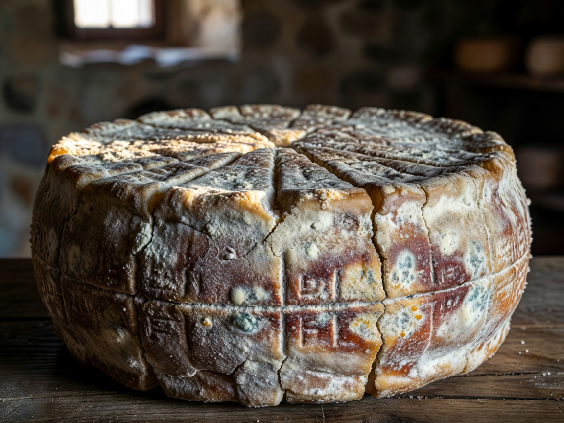 Detailed close up of aged Sardinian artisanal cheese wheel