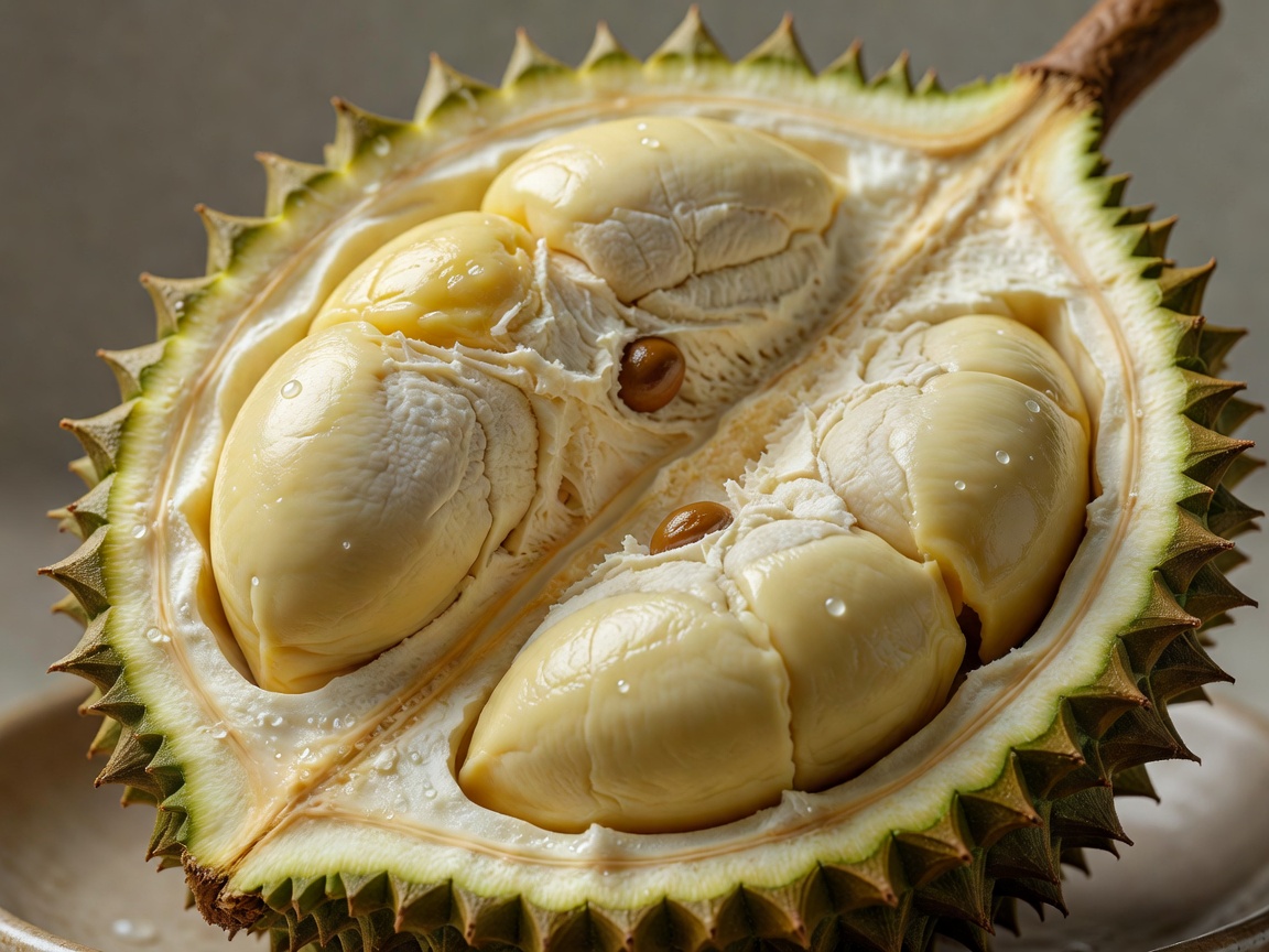 Freshly sliced opened Durian fruit showing seed pulp