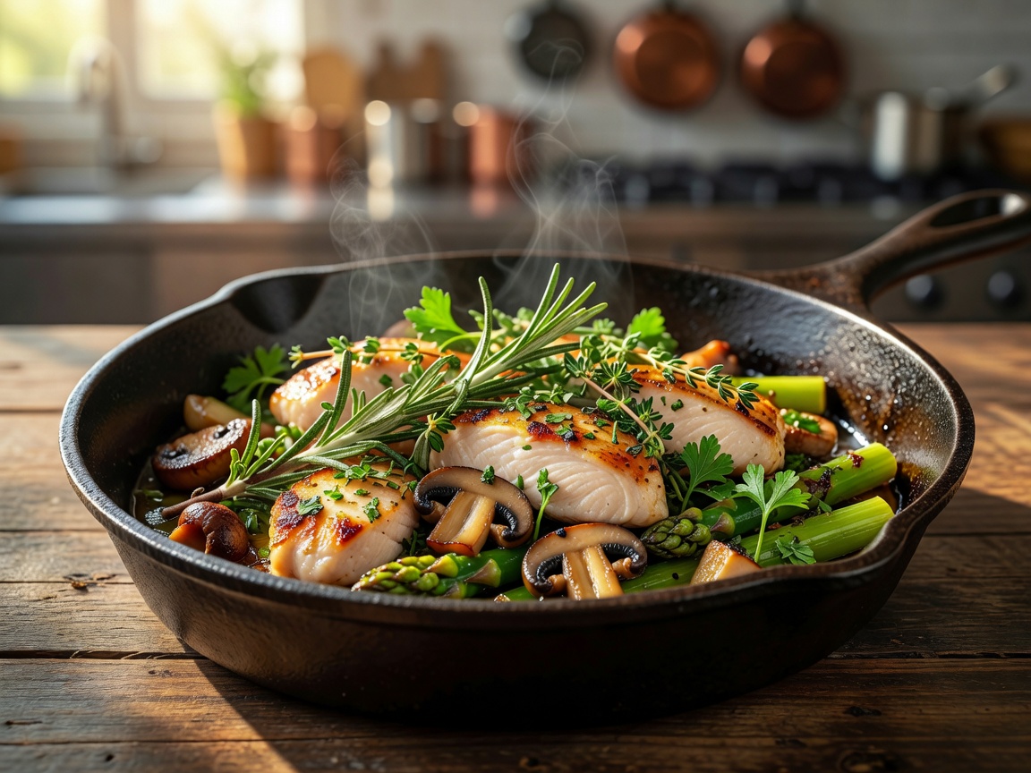 Gourmet dish pan cooked with fresh herbs