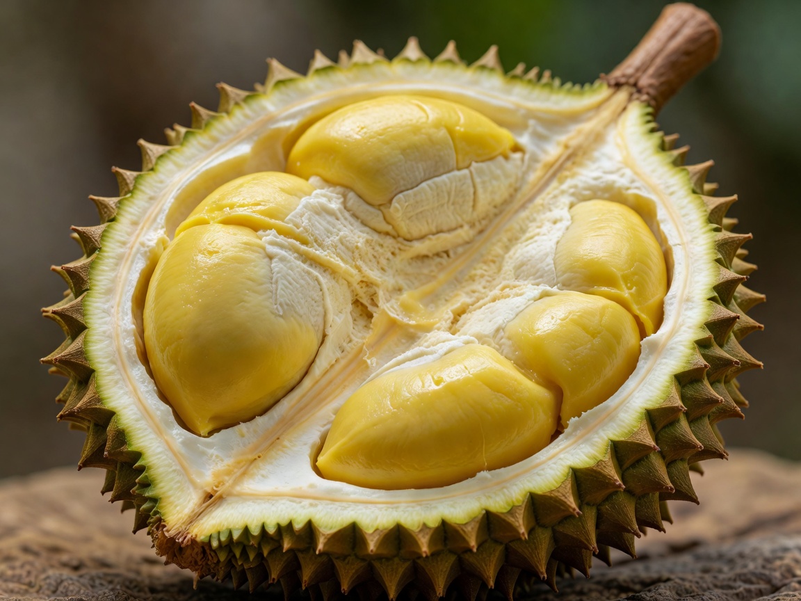 Sliced open durian fruit with yellow seeds
