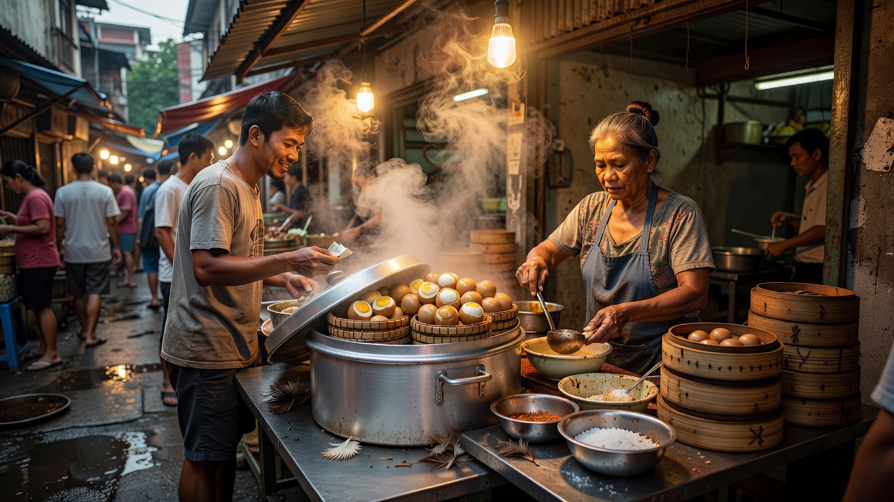 Southeast Asian street food market stall serving freshly steamed duck eggs