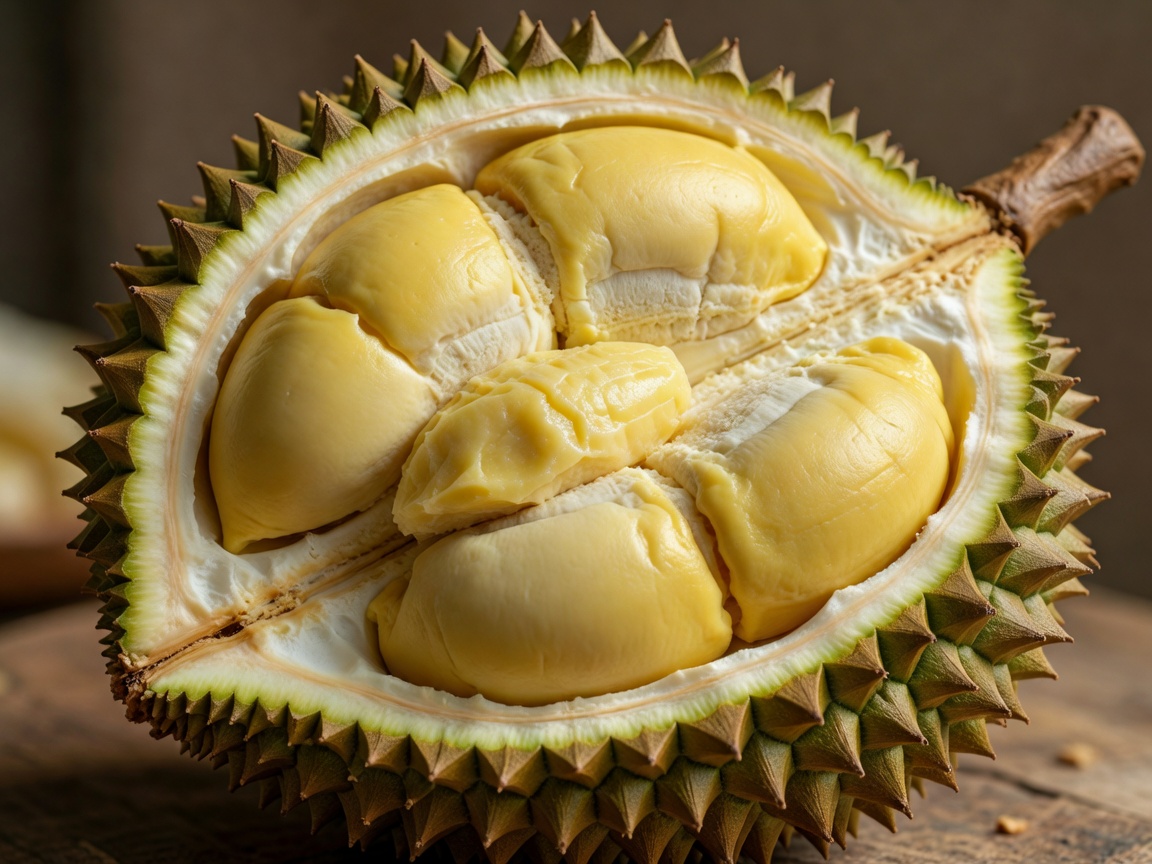 Spiky Durian King Fruit cut open showcasing creamy custard pod