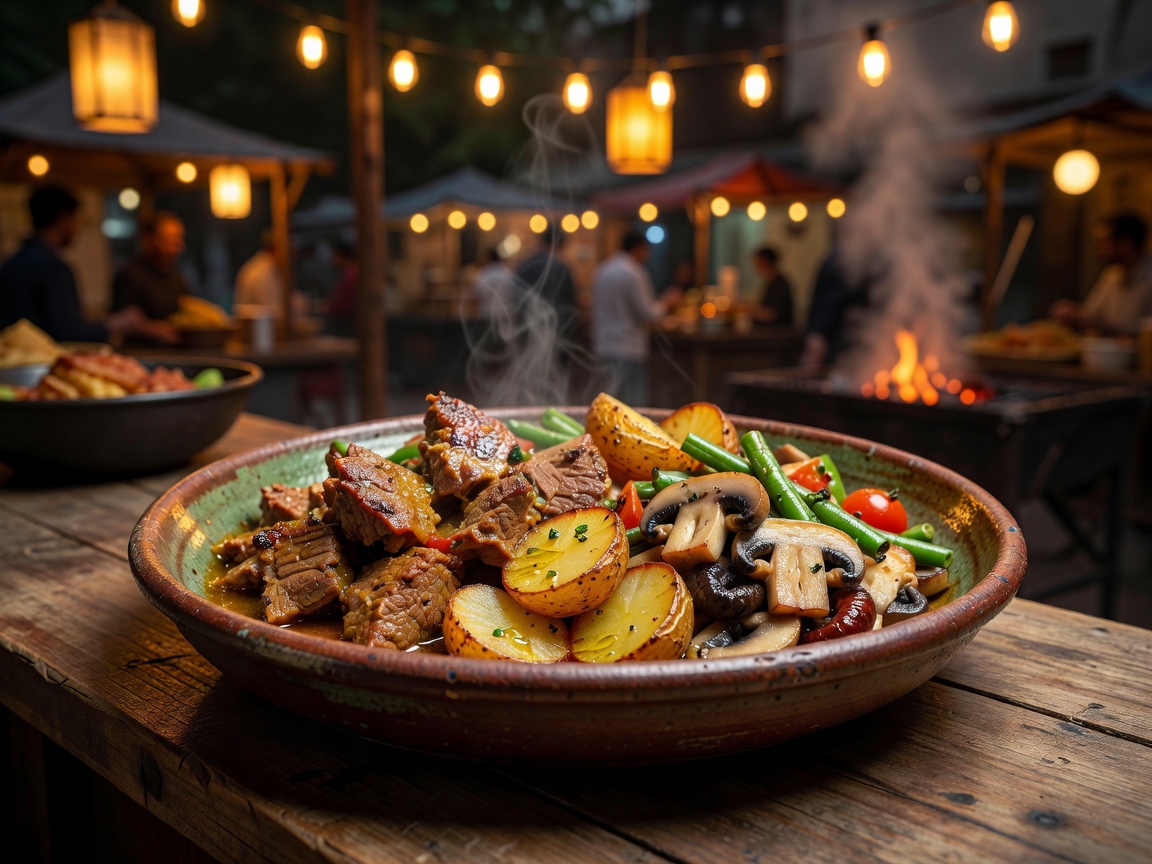 Warm cooked gourmet street food in traditional ceramic dish